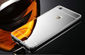 Луксозен алуминиев бъмпър с огледален твърд гръб за Huawei P8 GRA-L09 сребрист